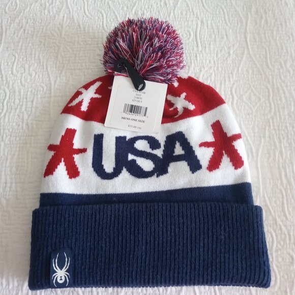 Mens Spyder Haze Pom Beanie USA Star Hat - Picture 2 of 4